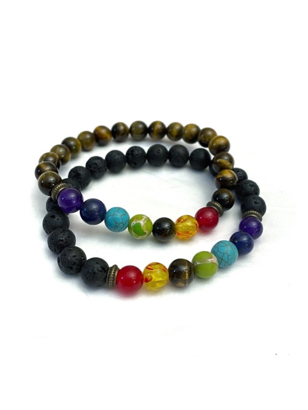 New Hamoery Set of 2 Bracelets Lava Rock, Tiger Eye & Chakra Beads